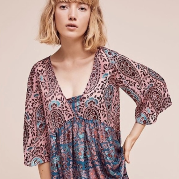 Anthropologie Tops - Floreat Anthropologie Silk Velvet Burnout Paisley Babydoll Top Small Boho